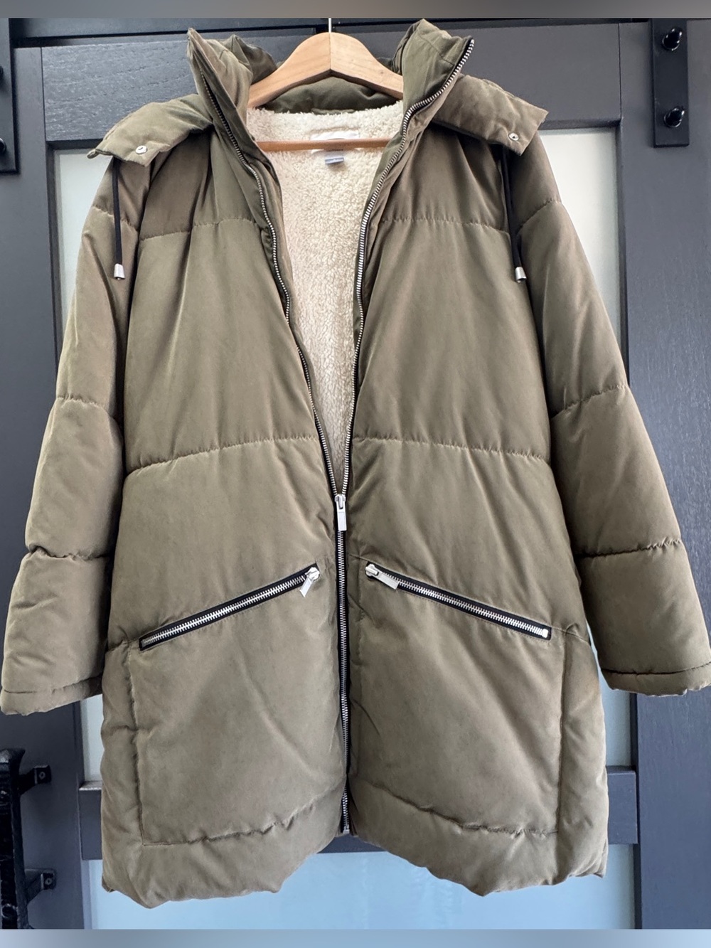Old Navy Sherpa-Lined Utility Puffer Coat Jacket Olive Green - Size S